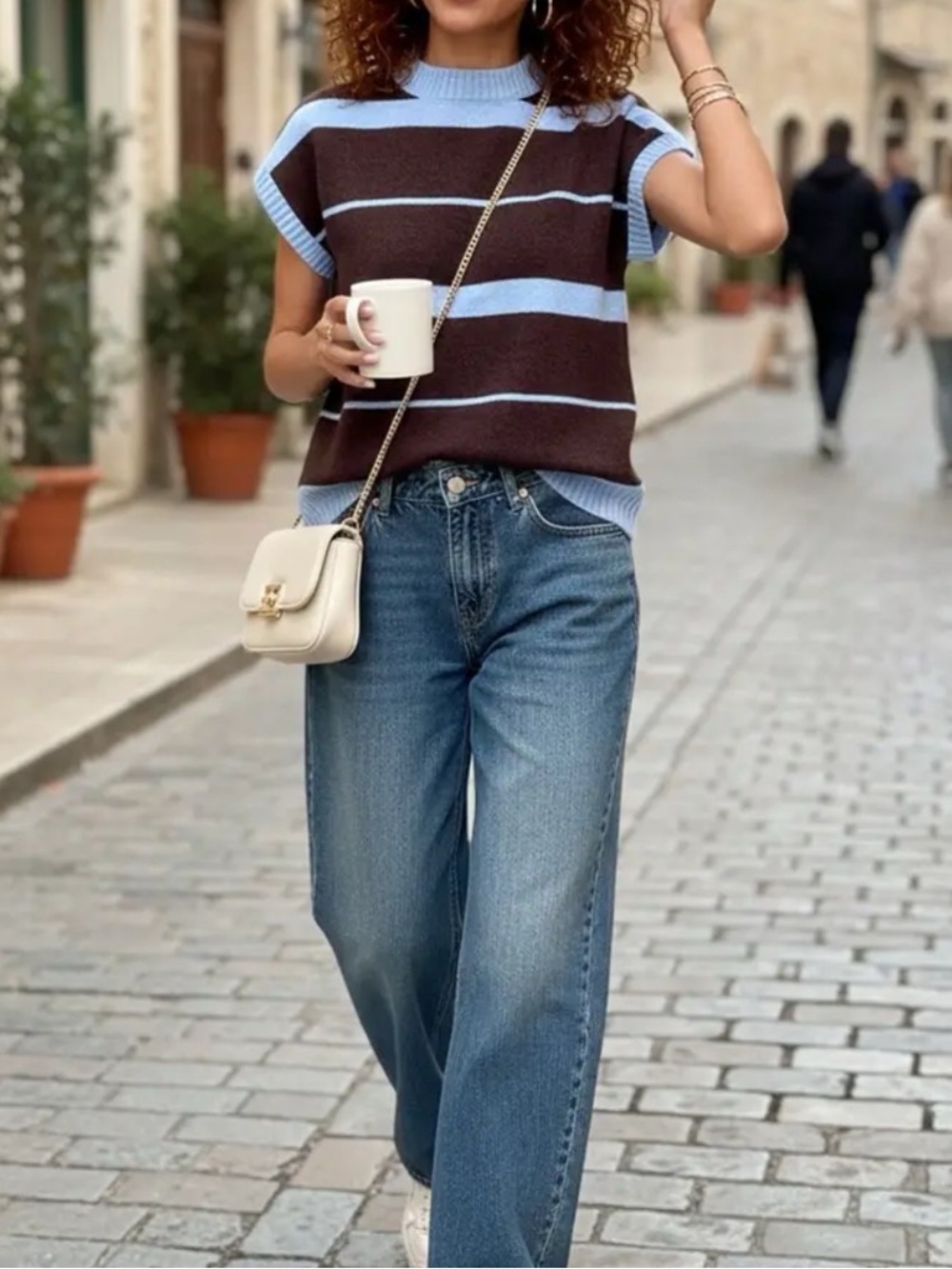 Striped Short-Sleeve Crewneck Sweater - Brown & Light Blue - Picture 5 of 7